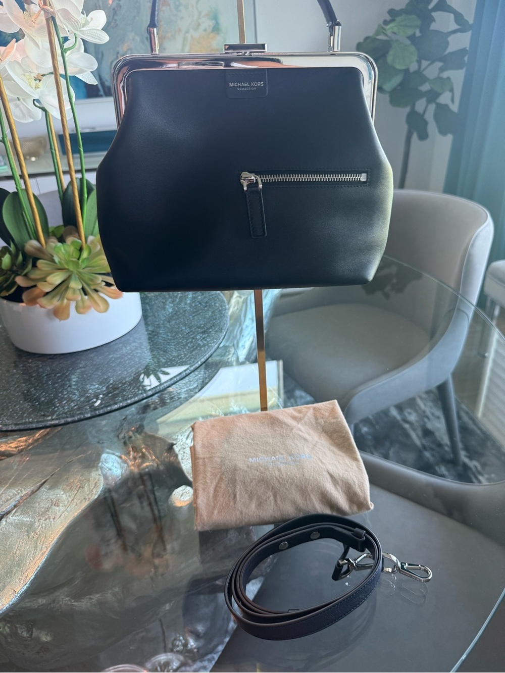 Michael Kors Collection Top-Handle Frame Satchel with Silver Hardware